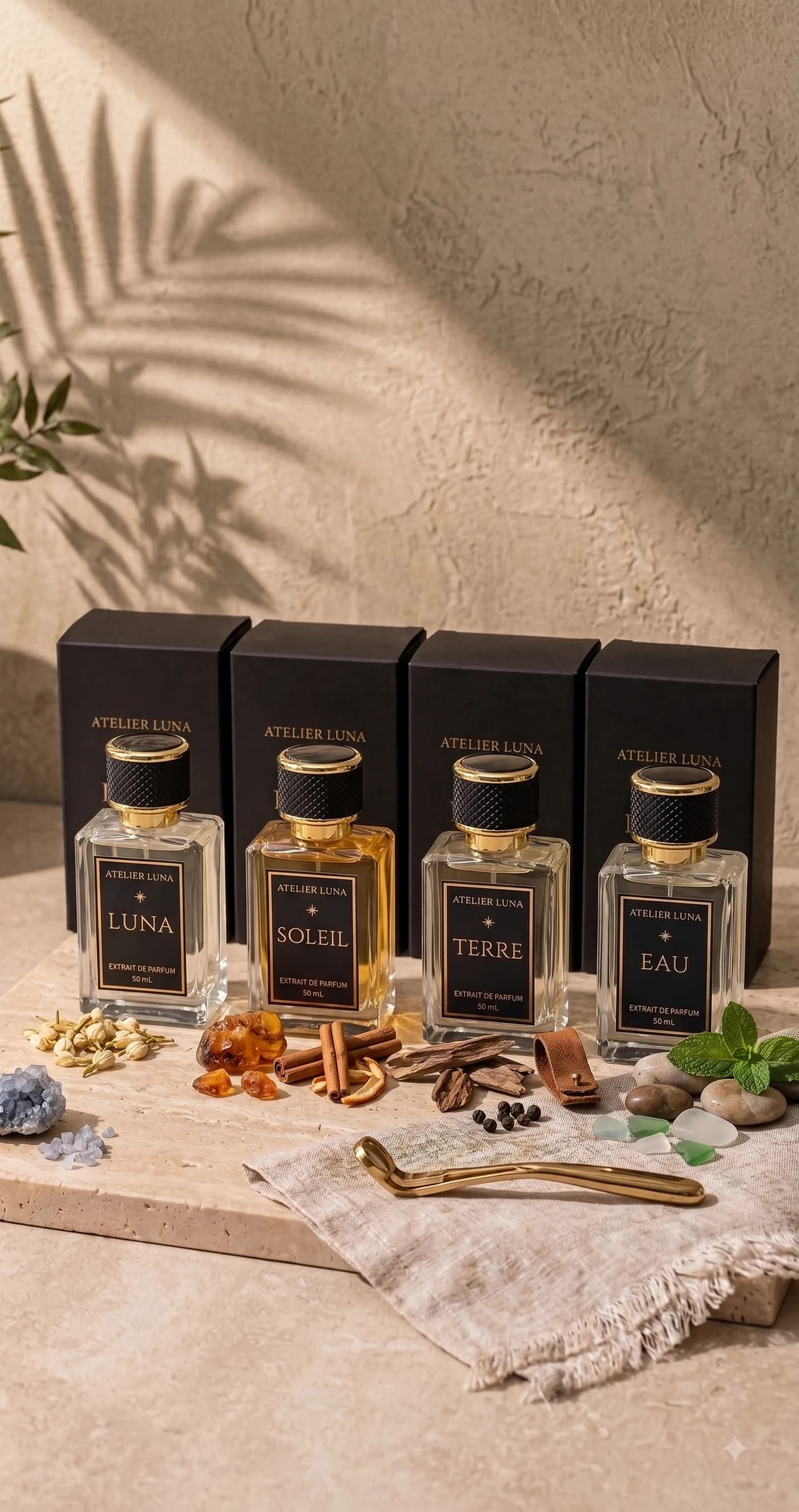 Les quatre parfums Atelier Luna entourés de jasmin, d’ambre, de bois et de menthe