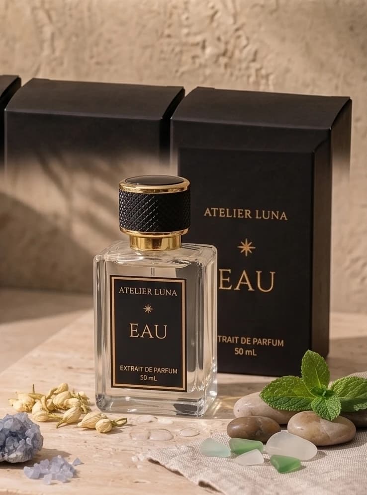 Extrait de parfum Eau, flacon et écrin Atelier Luna