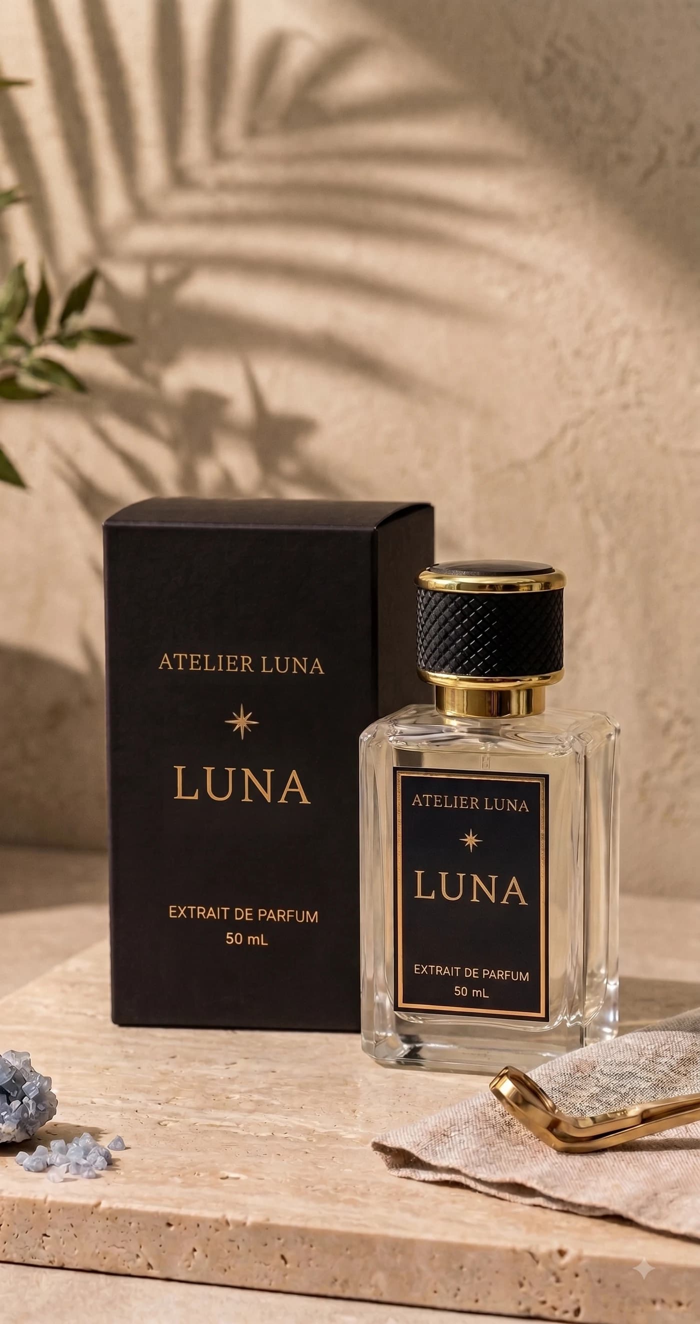 Luna, un flacon de parfum et son écrin noir et or baignés de lumière sur une pierre claire