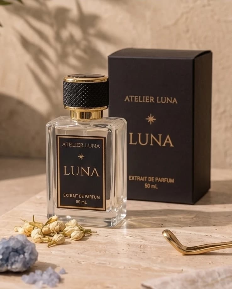 Extrait de parfum Luna, flacon et écrin Atelier Luna