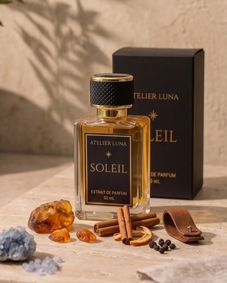 Extrait de parfum Soleil, flacon et écrin Atelier Luna