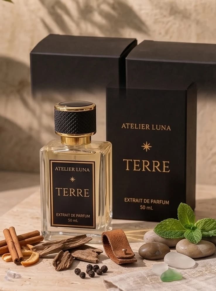 Extrait de parfum Terre, flacon et écrin Atelier Luna